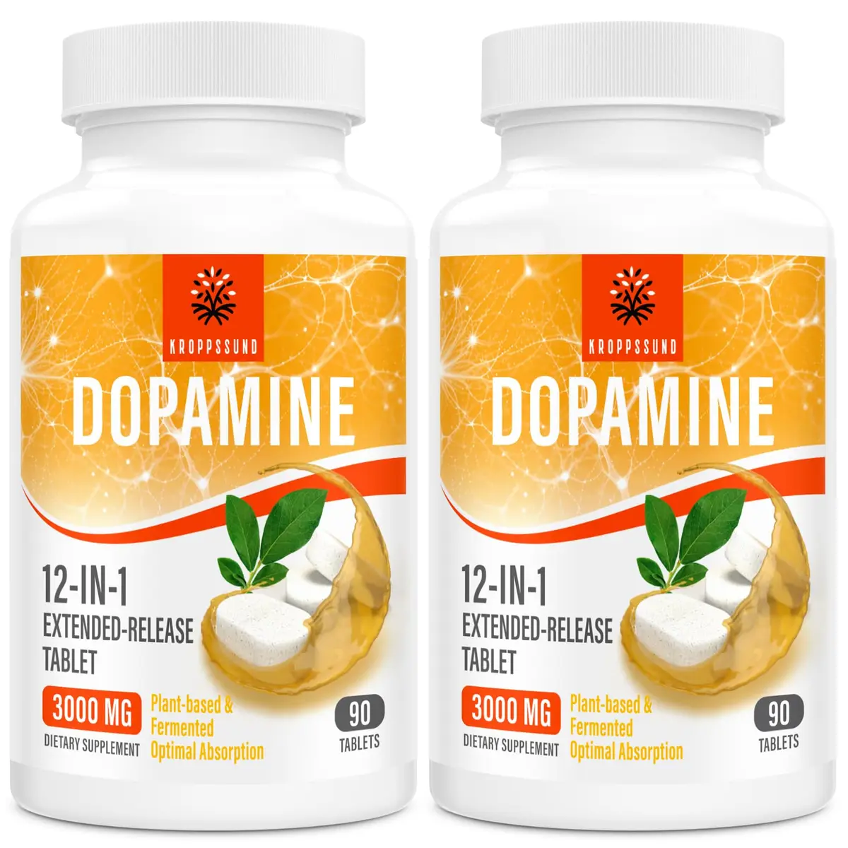 Kroppssund Dopamine Supplements with L-Theanine & Ashwagandha | 3000mg Per Serving, 90 Tablets (2 Bottle) - main product image