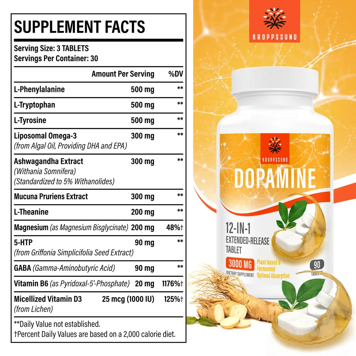 Kroppssund Dopamine Supplements with L-Theanine & Ashwagandha | 3000mg Per Serving, 90 Tablets (2 Bottle) - view 6