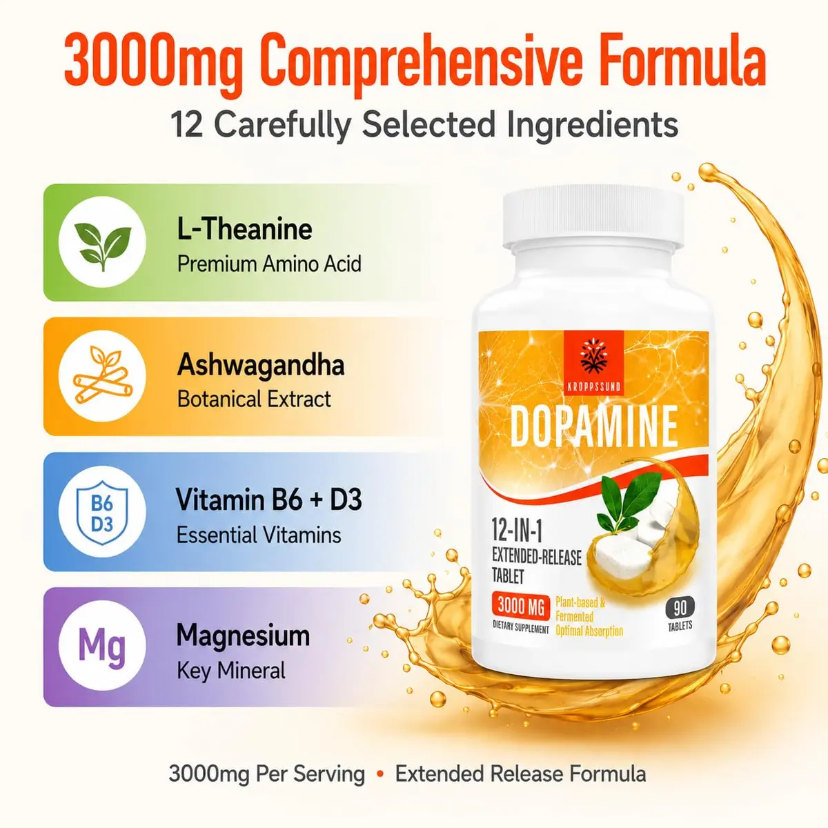 Kroppssund Dopamine Supplements with L-Theanine & Ashwagandha | 3000mg Per Serving, 90 Tablets (2 Bottle) - view 3