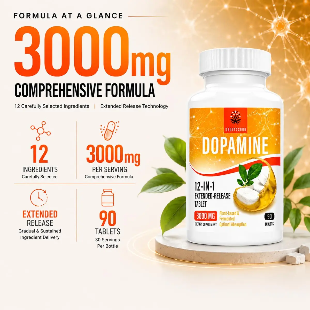Kroppssund Dopamine Supplements with L-Theanine & Ashwagandha | 3000mg Per Serving, 90 Tablets (2 Bottle) - view 4