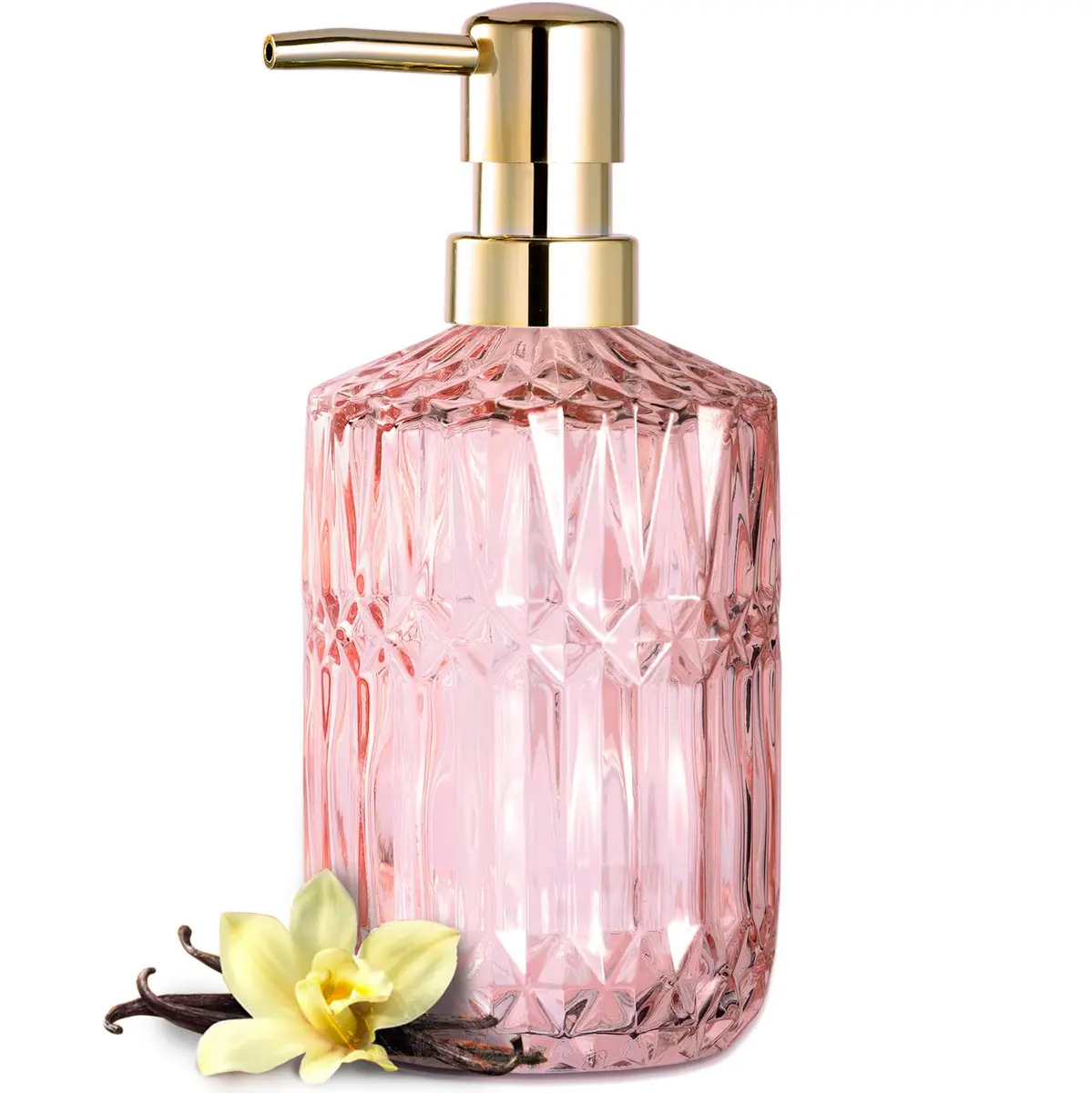 EMPO Clear Glass Soap Dispenser with ABS Plastic Pump | 12OZ Capacity, Pink - main product image