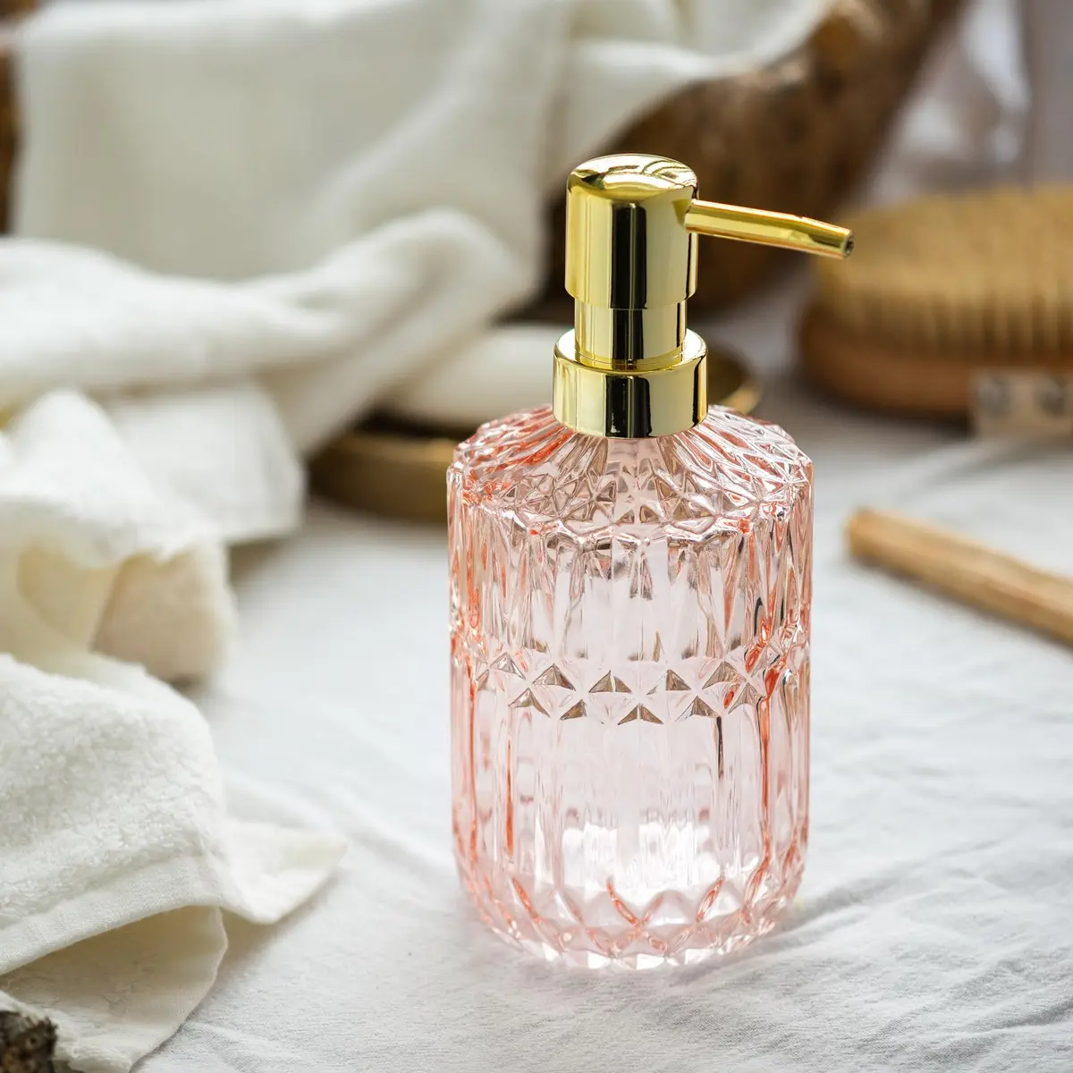 EMPO Clear Glass Soap Dispenser with ABS Plastic Pump | 12OZ Capacity, Pink - view 2