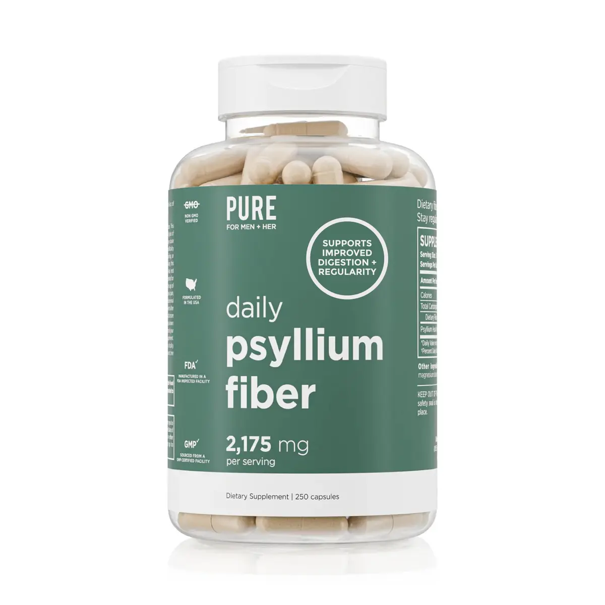 Pure for Men & Her Daily Psyllium Husk Fiber Supplement 250 Capsules | Digestive & Gut Health Support - main product image