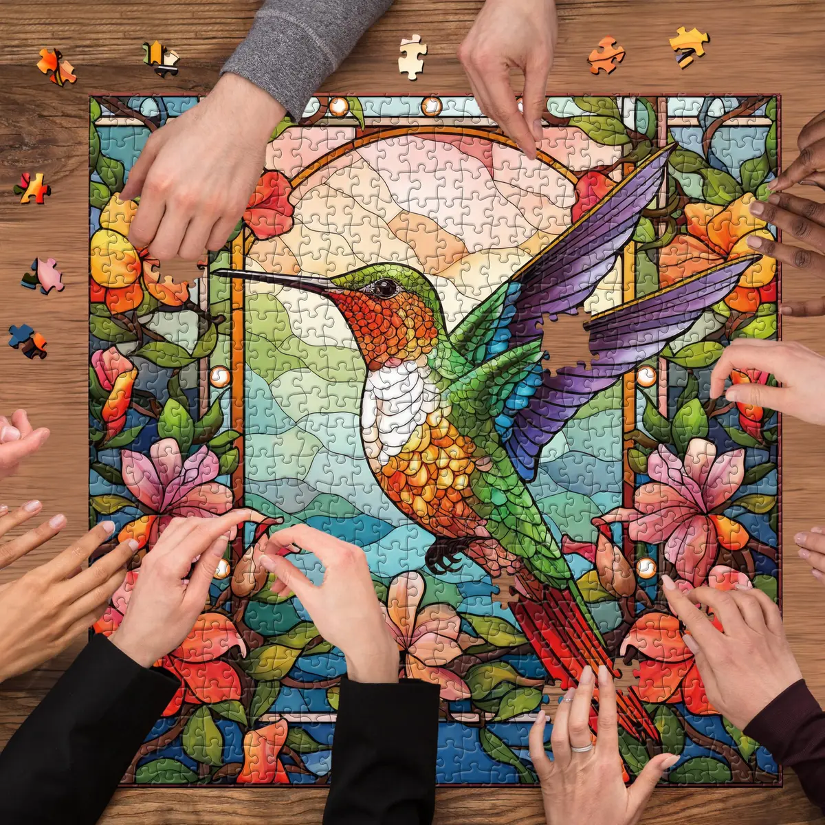 PPuzzling Stained Glass Hummingbird Art Puzzle 1000 Pieces | 58 cm x 58 cm (23.85 in x 23.85 in) - view 6