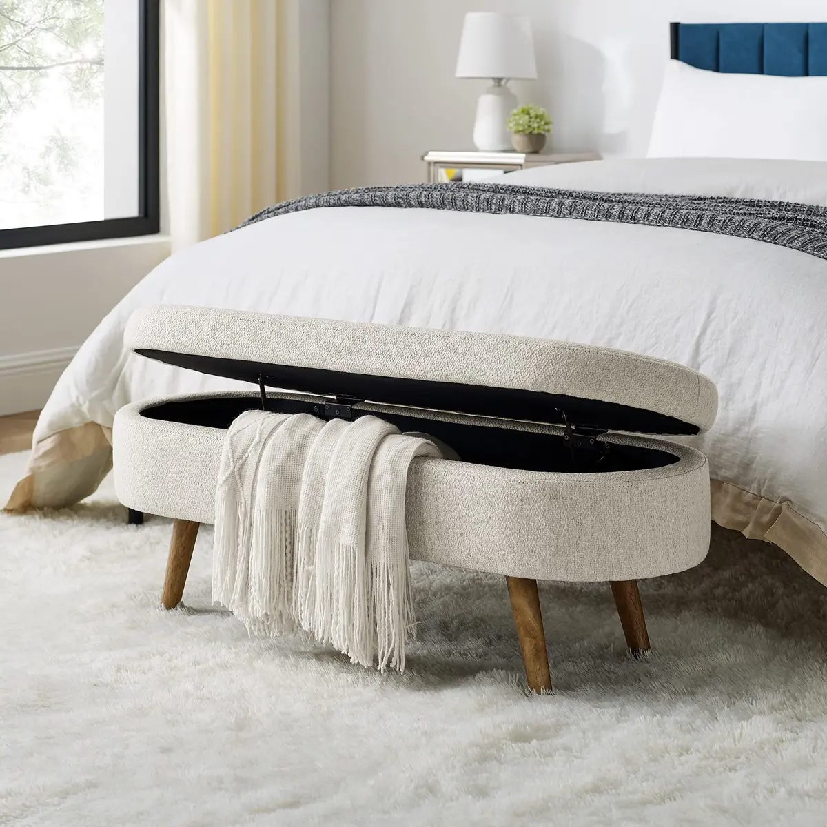 Acosure Upholstered Storage Ottoman with Rubber Wood Legs | Beige, 43.5x16x16 in - main product image