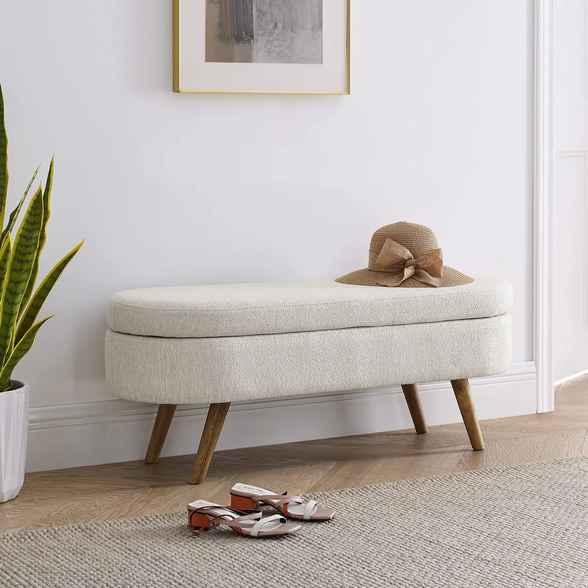 Acosure Upholstered Storage Ottoman with Rubber Wood Legs | Beige, 43.5x16x16 in - view 6
