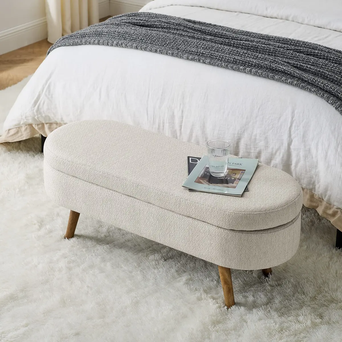 Acosure Upholstered Storage Ottoman with Rubber Wood Legs | Beige, 43.5x16x16 in - view 7