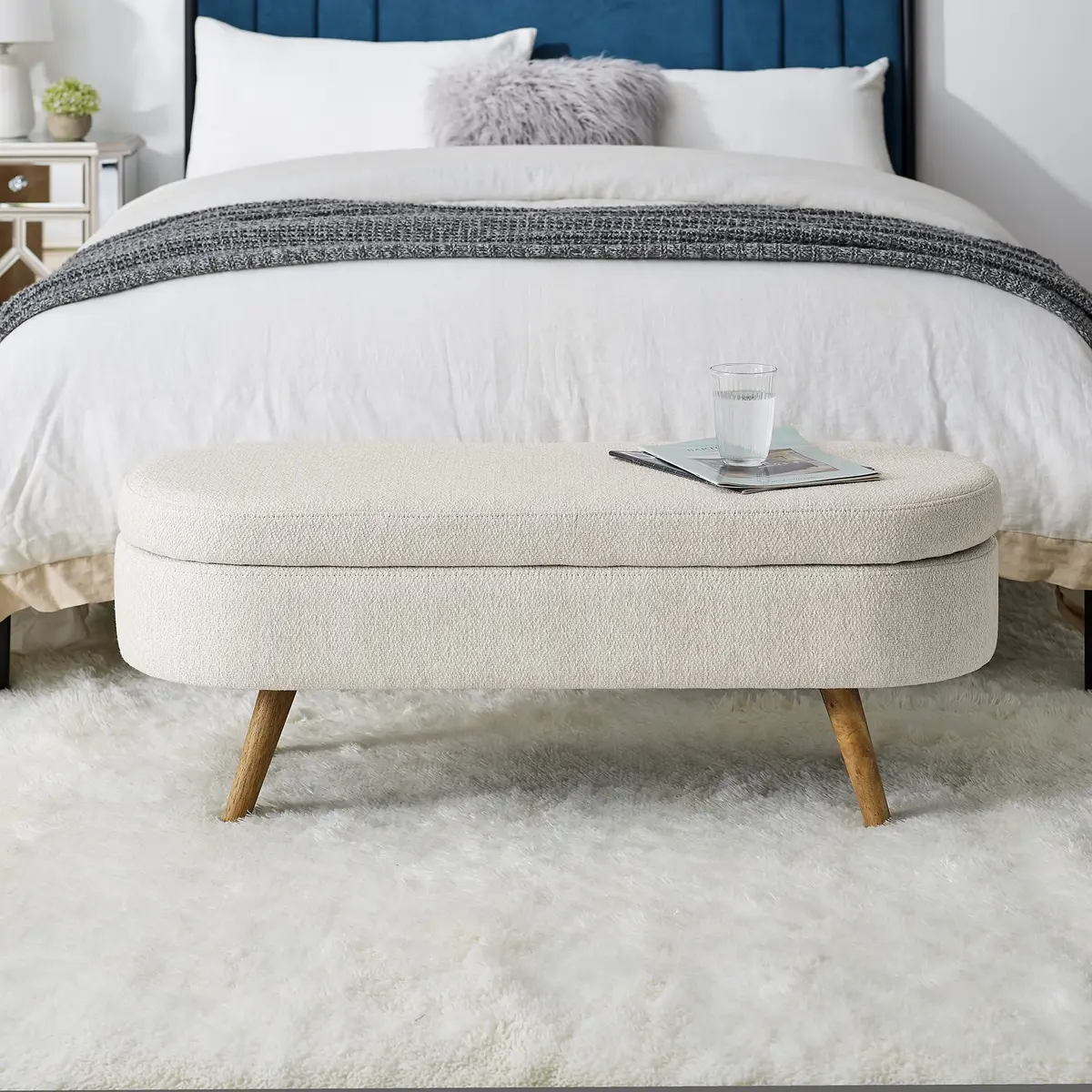Acosure Upholstered Storage Ottoman with Rubber Wood Legs | Beige, 43.5x16x16 in - view 8
