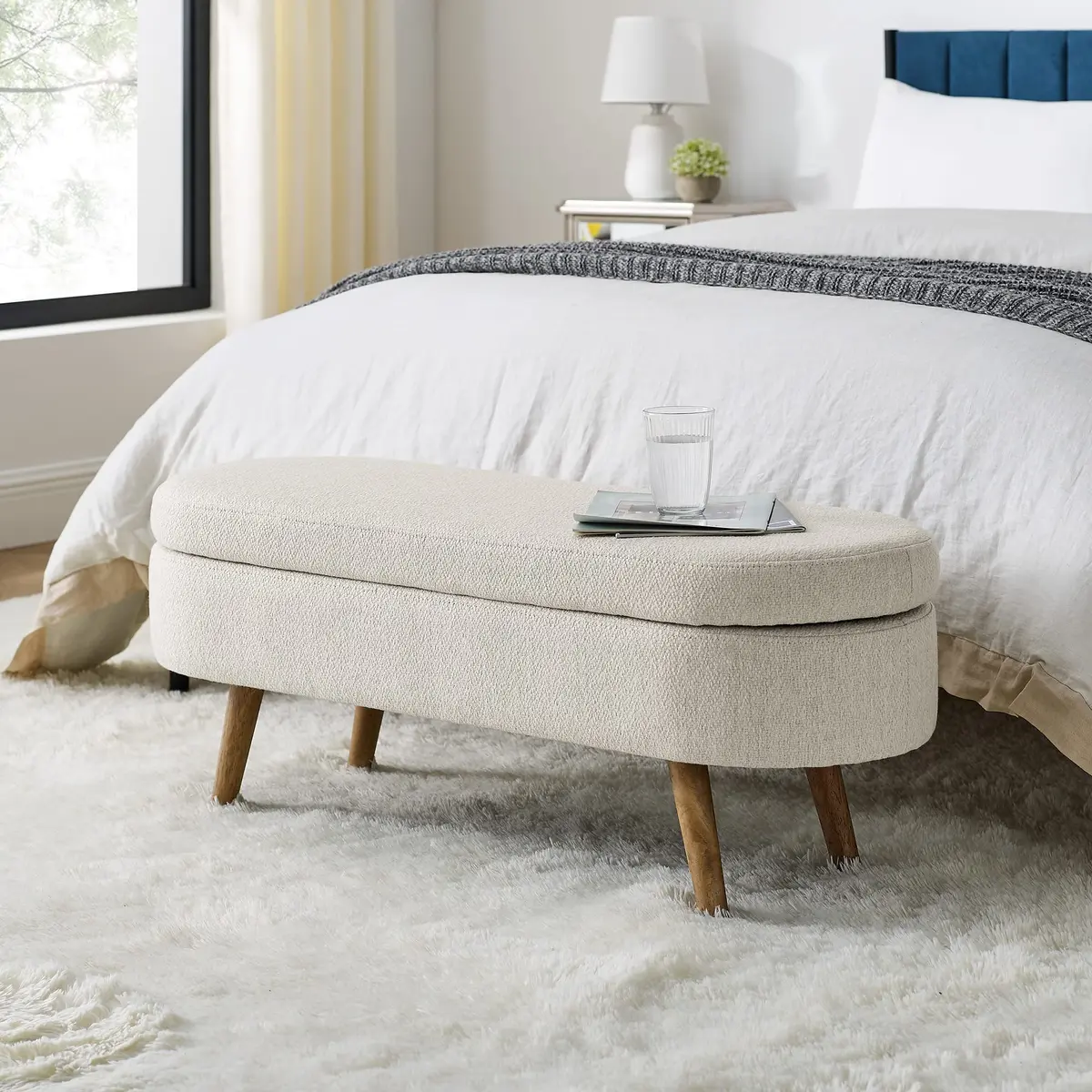 Acosure Upholstered Storage Ottoman with Rubber Wood Legs | Beige, 43.5x16x16 in - view 2