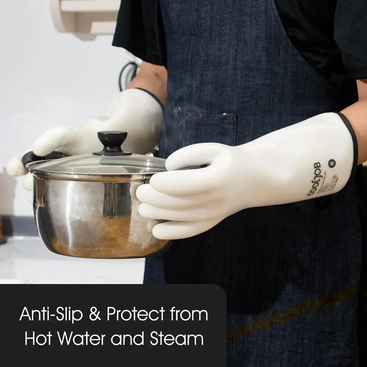 COOLJOB Heat Resistant Oven Gloves, Waterproof BBQ Mitts, White, Medium (1 Pair) - view 5