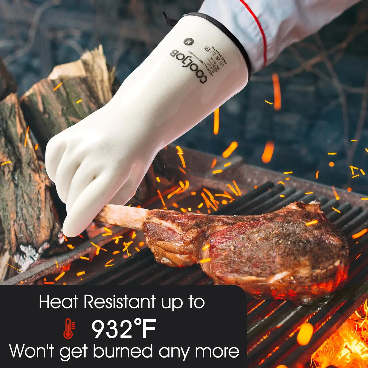 COOLJOB Heat Resistant Oven Gloves, Waterproof BBQ Mitts, White, Large (1 Pair) - view 4