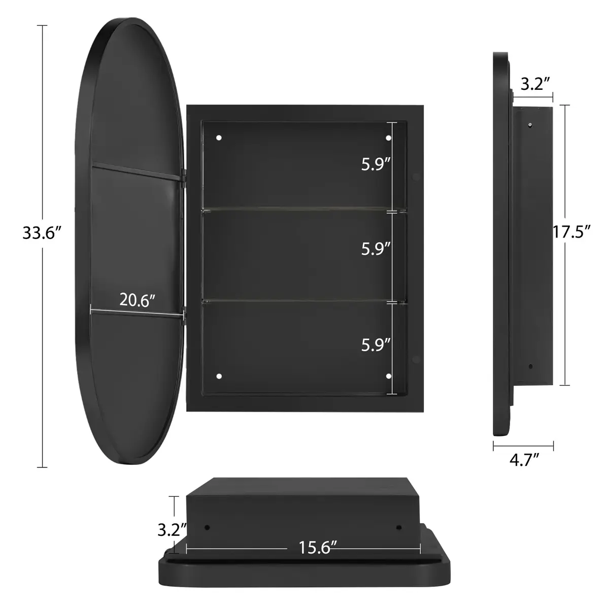 SDHYL 34x20 Inch Oval Bathroom Medicine Cabinet with Mirror | Recessed Wall Mount, Black Aluminum Frame - view 5