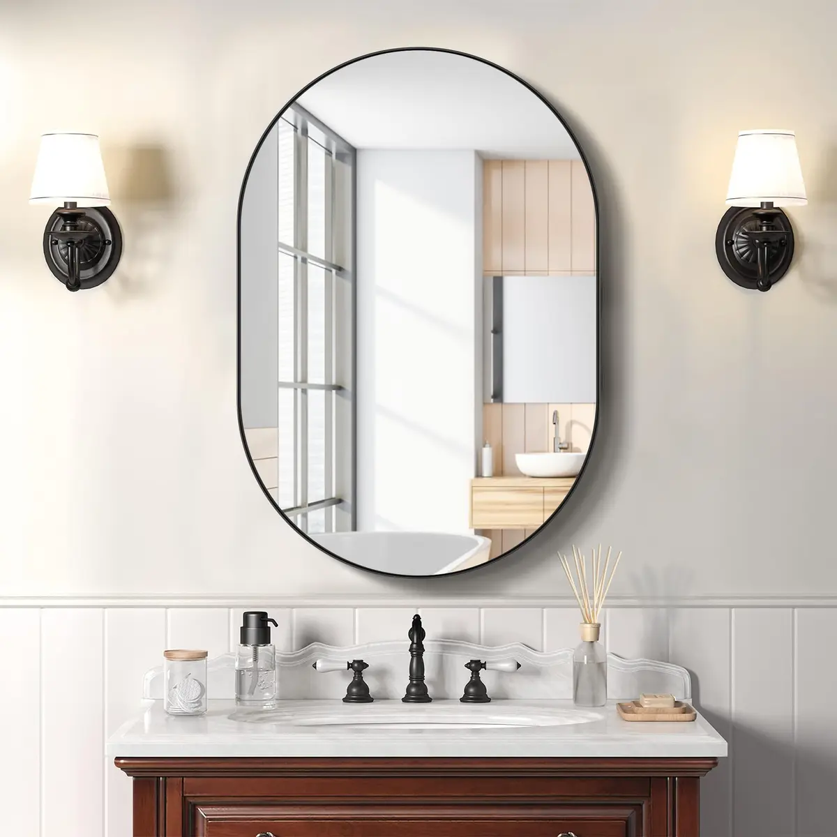 SDHYL 34x20 Inch Oval Bathroom Medicine Cabinet with Mirror | Recessed Wall Mount, Black Aluminum Frame - view 7