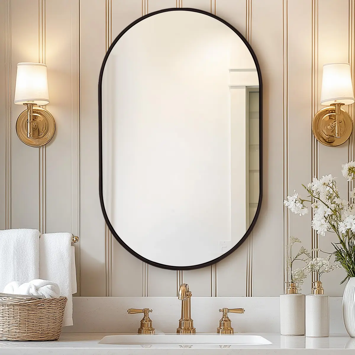SDHYL 34x20 Inch Oval Bathroom Medicine Cabinet with Mirror | Recessed Wall Mount, Black Aluminum Frame - view 8