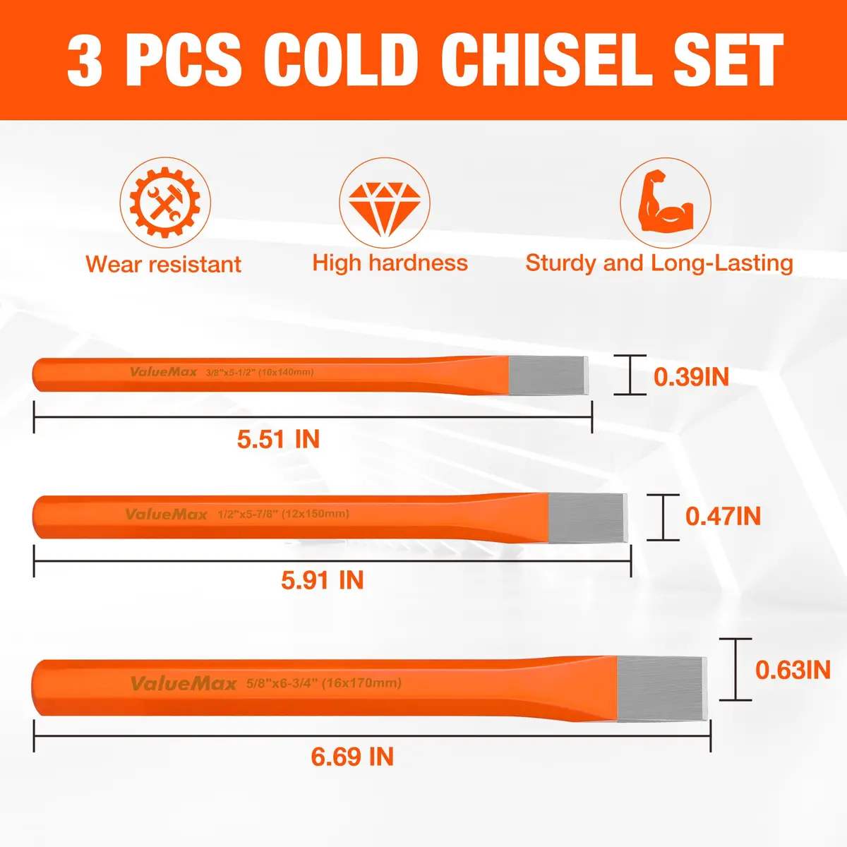 ValueMax 3-Piece Heavy-Duty Cold Chisel Set | Chrome Vanadium Steel, 3/8"-5/8" | Precision Metalworking Tools - view 3