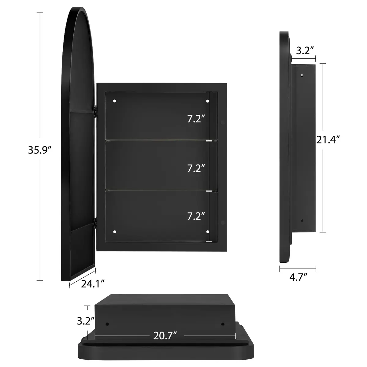 SDHYL 36x24 Inch Arched Bathroom Medicine Cabinet with Mirror Black | Recessed Wall Mount, Aluminum Frame - view 7