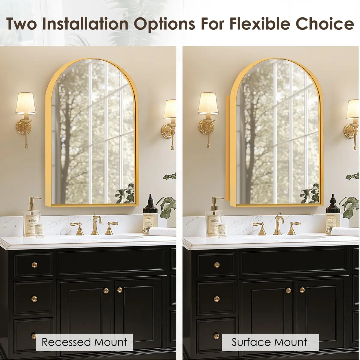 SDHYL Arched Bathroom Medicine Cabinet 36x24 inch | Gold Recessed Mirror with Deep Aluminum Frame - view 6