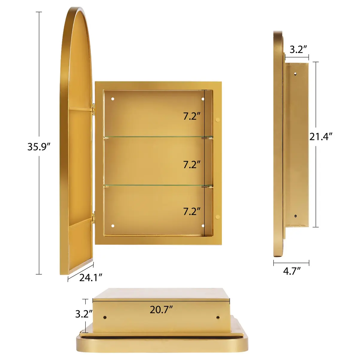SDHYL Arched Bathroom Medicine Cabinet 36x24 inch | Gold Recessed Mirror with Deep Aluminum Frame - view 7