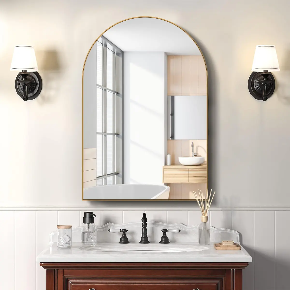 SDHYL Arched Bathroom Medicine Cabinet 36x24 inch | Gold Recessed Mirror with Deep Aluminum Frame - view 3
