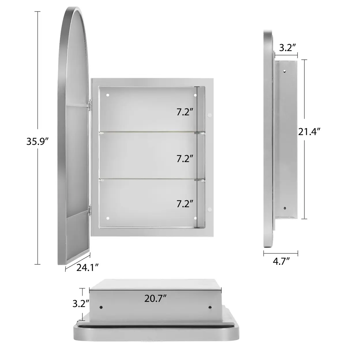 SDHYL Bathroom Medicine Cabinet 36x24 Inch Arched Silver Wall Mount Recessed Mirror - view 6
