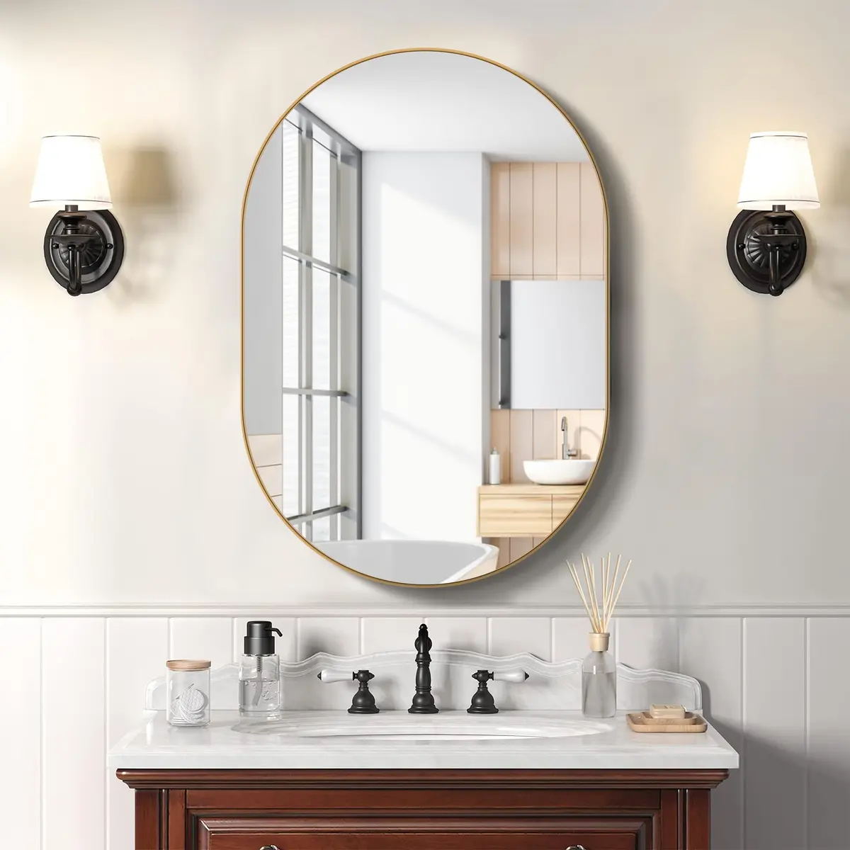 SDHYL Oval Bathroom Medicine Cabinet with Mirror 34x20 inch Wall Mount Beveled Edge Gold - view 7