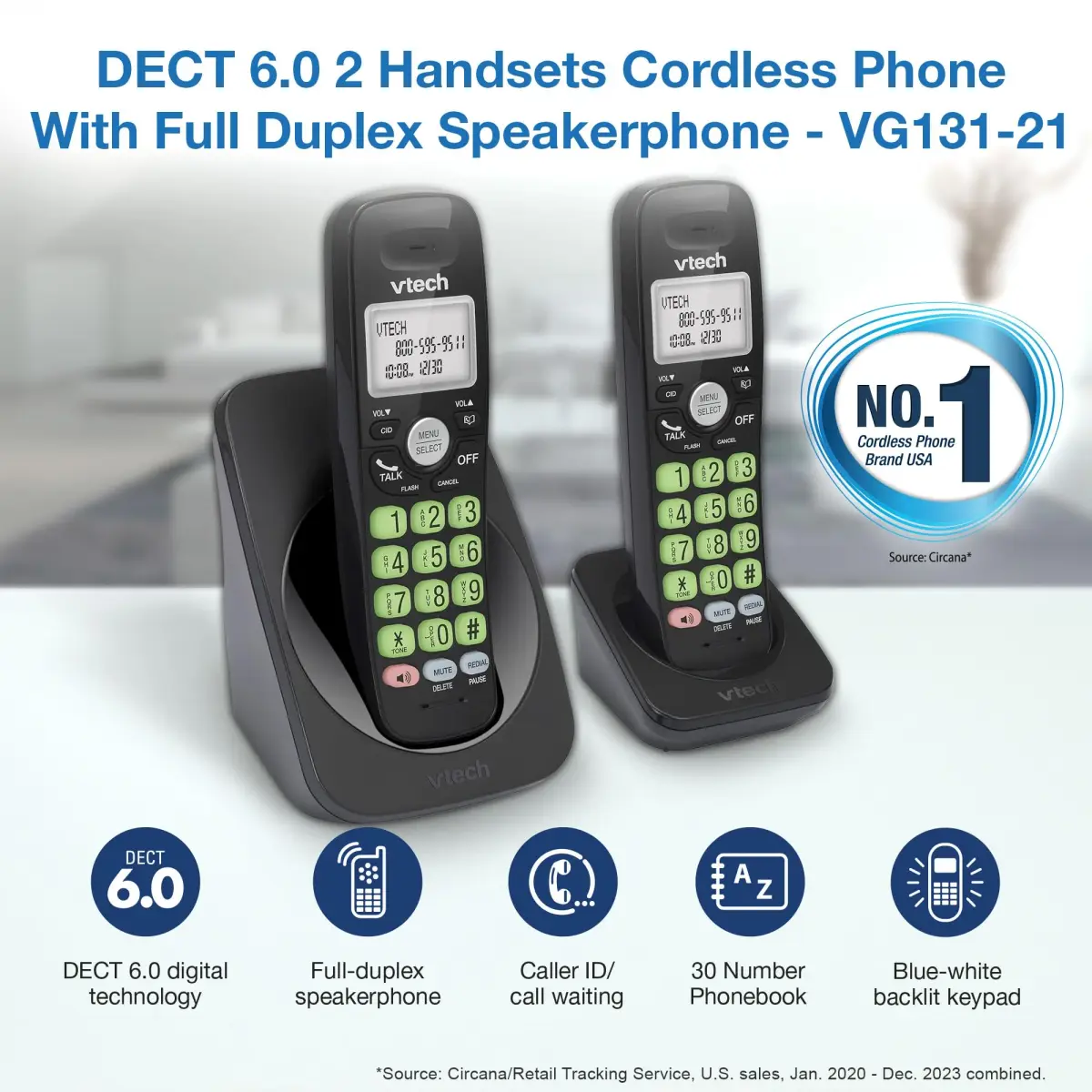 VTech VG131-21 Black Cordless Phone with 2 Handsets | DECT 6.0, Full-Duplex Speakerphone, Caller ID, Wall Mount - view 2