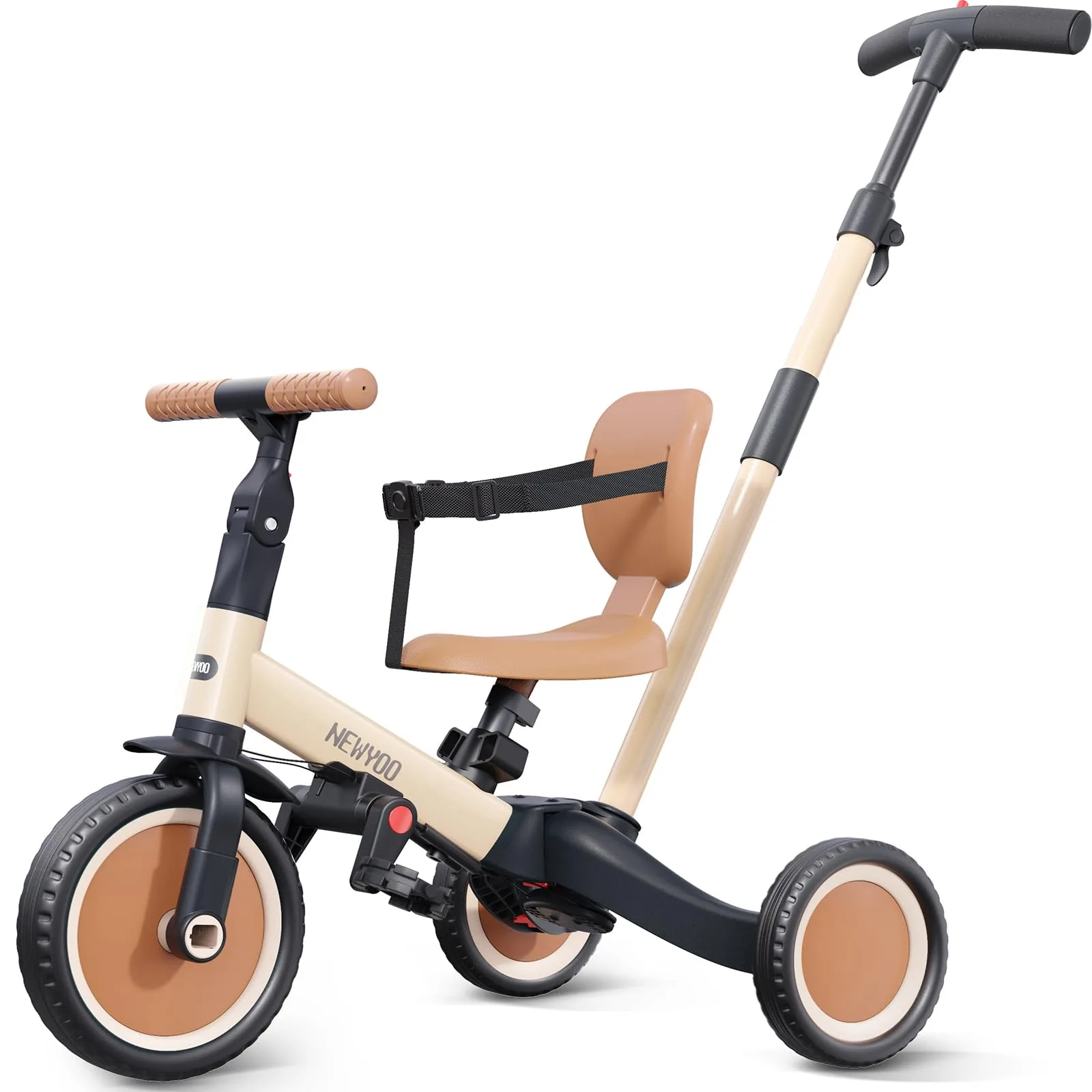 newyoo 5-in-1 Toddler Tricycle with Push Handle, Balance Bike, Khaki TR007 | ASTM Approved Ride-On Toy for Kids 1-3 Years - main product image