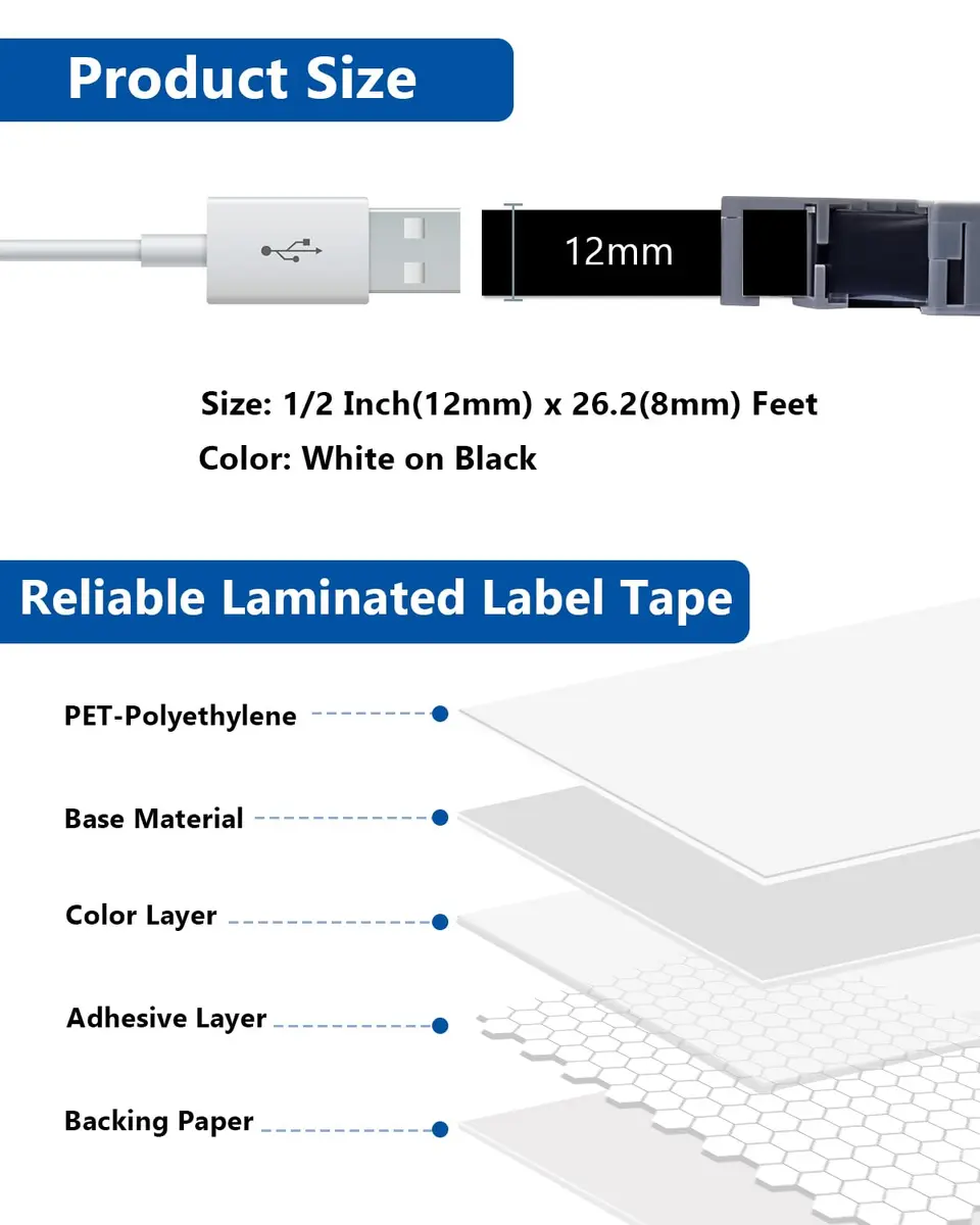 Labelwell TZe-335 Laminated White on Black Label Tape 12mm (0.47 Inch) 3-Pack | Compatible with Brother P Touch Label Makers - view 2