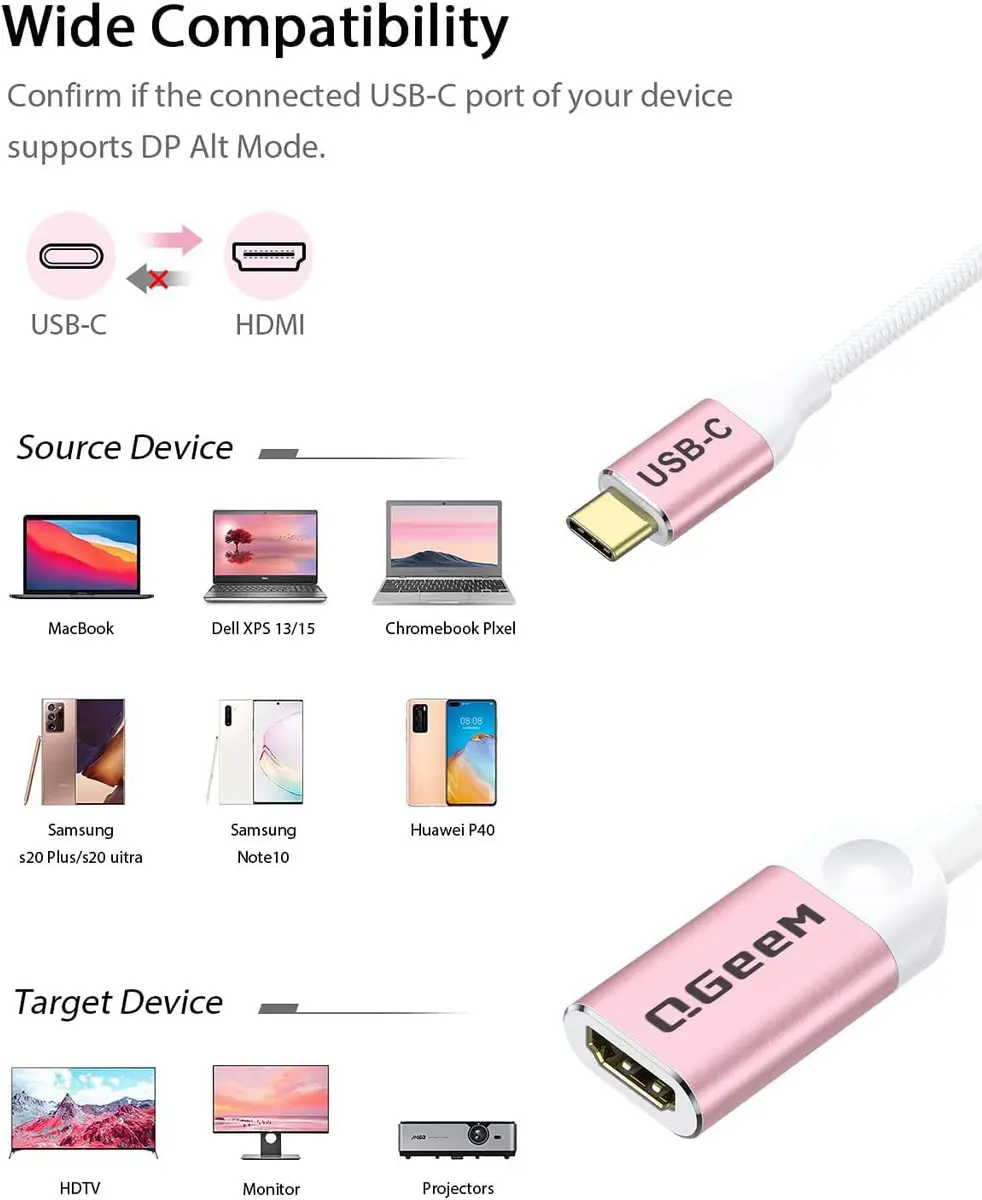 QGeeM USB C to HDMI Adapter, 4K Type C to HDMI Cable for Laptop Phone | Plug & Play, 30Hz, 4K@30Hz, Nylon Braided, Compact Design - view 2