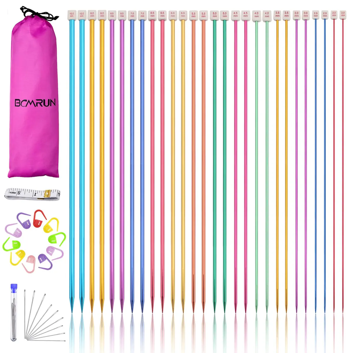 BCMRUN 28Pcs/14 Pairs Stainless Steel Knitting Needles Set, 2.0mm-10.0mm (0.079in-0.394in) | Assorted Colors, DIY Crafting - main product image
