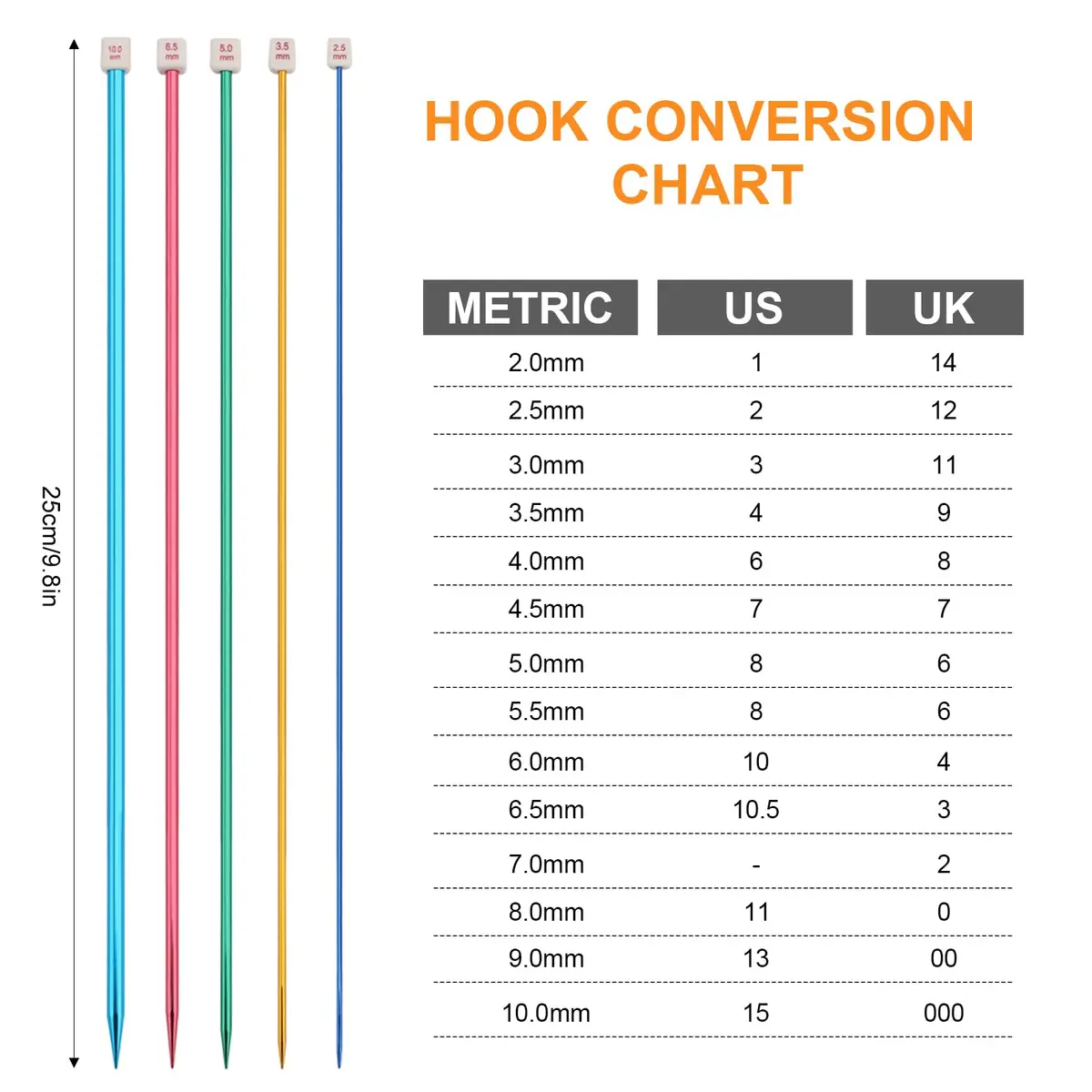 BCMRUN 28Pcs/14 Pairs Stainless Steel Knitting Needles Set, 2.0mm-10.0mm (0.079in-0.394in) | Assorted Colors, DIY Crafting - view 2