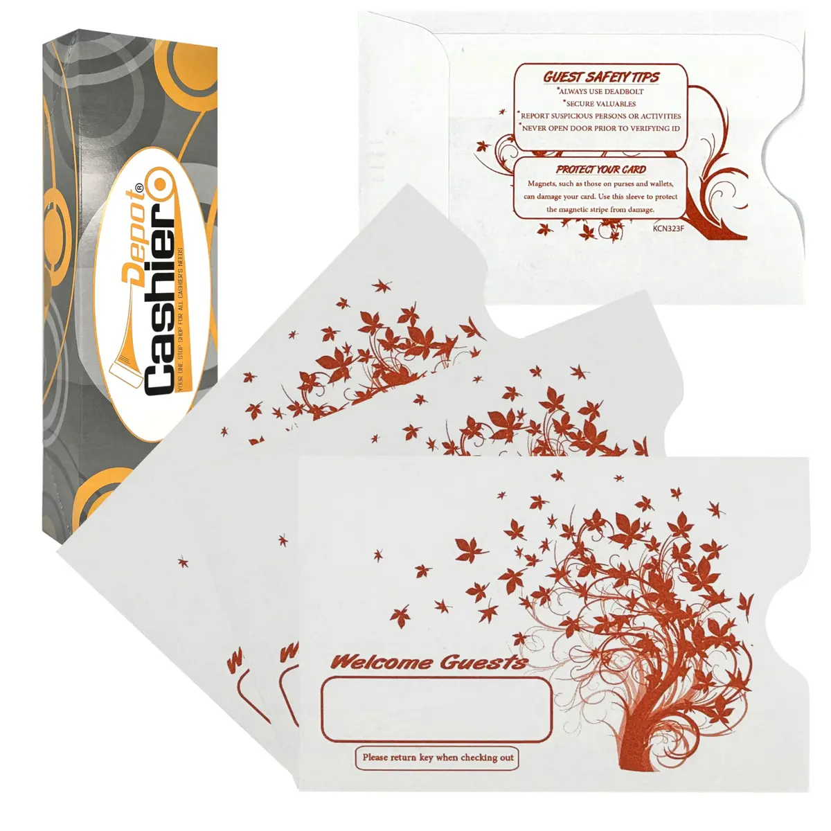 Cashier Depot Hotel Key Card Sleeves | White 24lb Paper, 2 3/8 x 3 1/2 Inches, Welcome Guest Message in Orange (2500 Count) - main product image