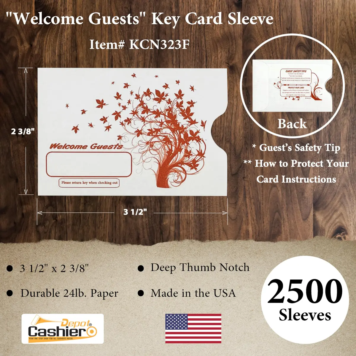 Cashier Depot Hotel Key Card Sleeves | White 24lb Paper, 2 3/8 x 3 1/2 Inches, Welcome Guest Message in Orange (2500 Count) - view 2