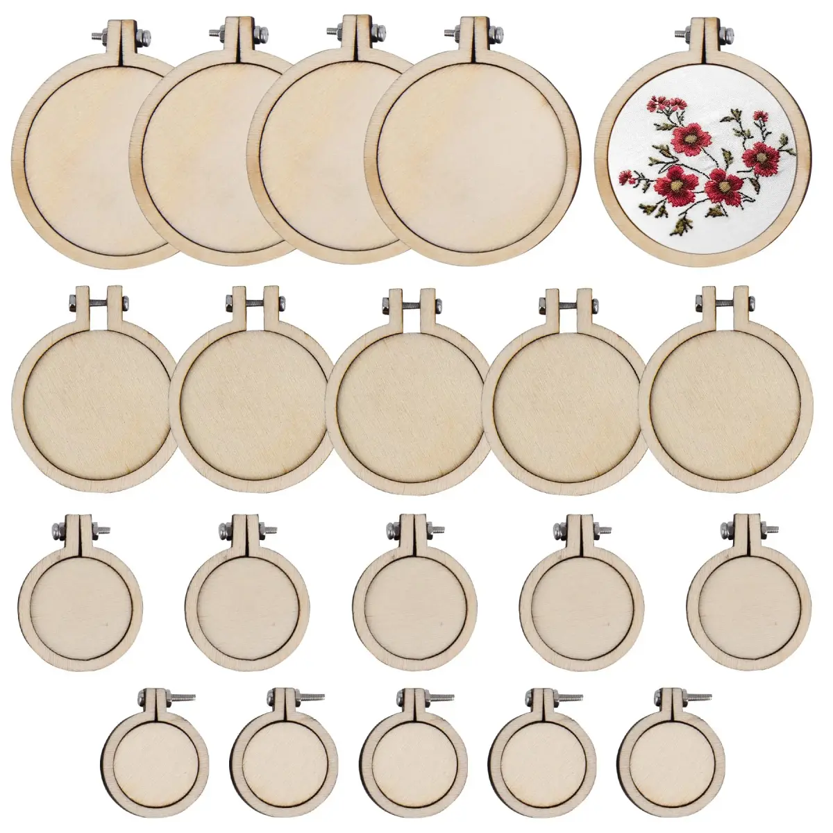 Framendino Mini Embroidery Hoop Set 4 Sizes (20 Pack) | Wood Craft Hoops for DIY Hanging Ornaments - main product image