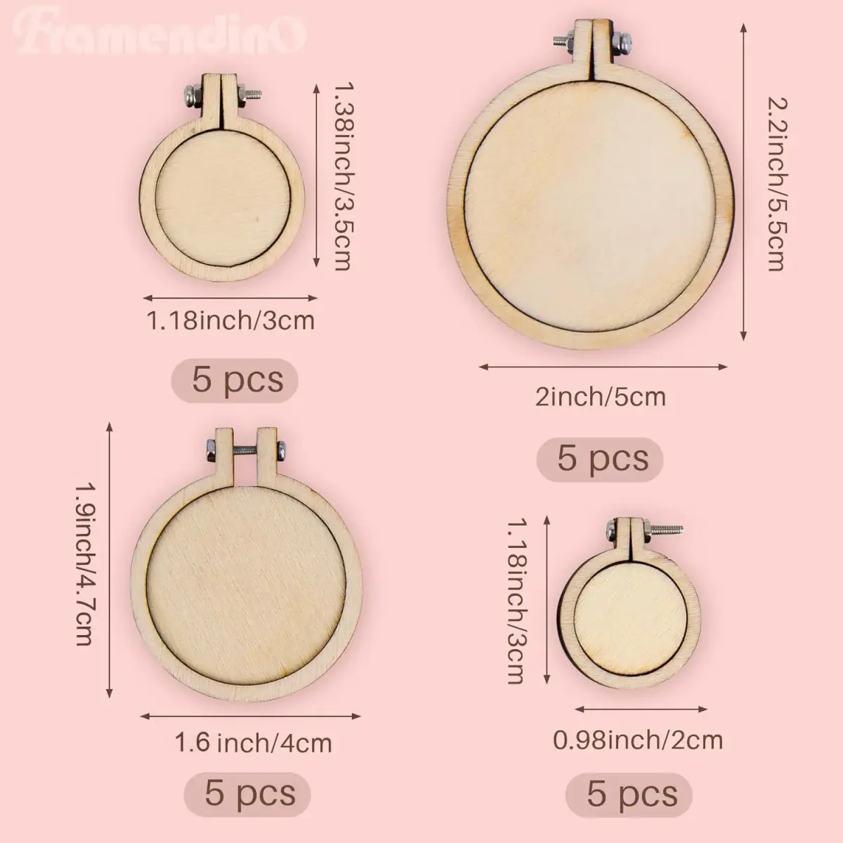Framendino Mini Embroidery Hoop Set 4 Sizes (20 Pack) | Wood Craft Hoops for DIY Hanging Ornaments - view 2