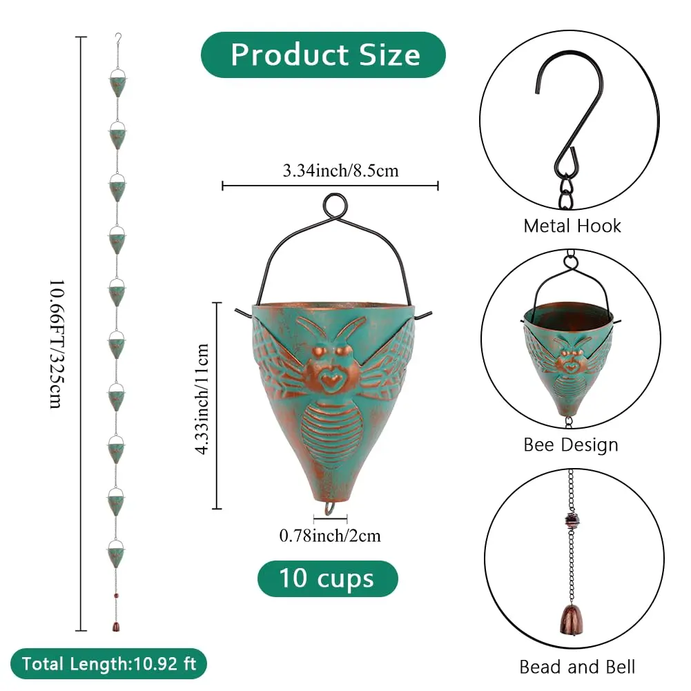 giole Bee Pattern Rain Chain 3.25 m (10.66 ft) | Decorative Metal Downspout Alternative - view 2