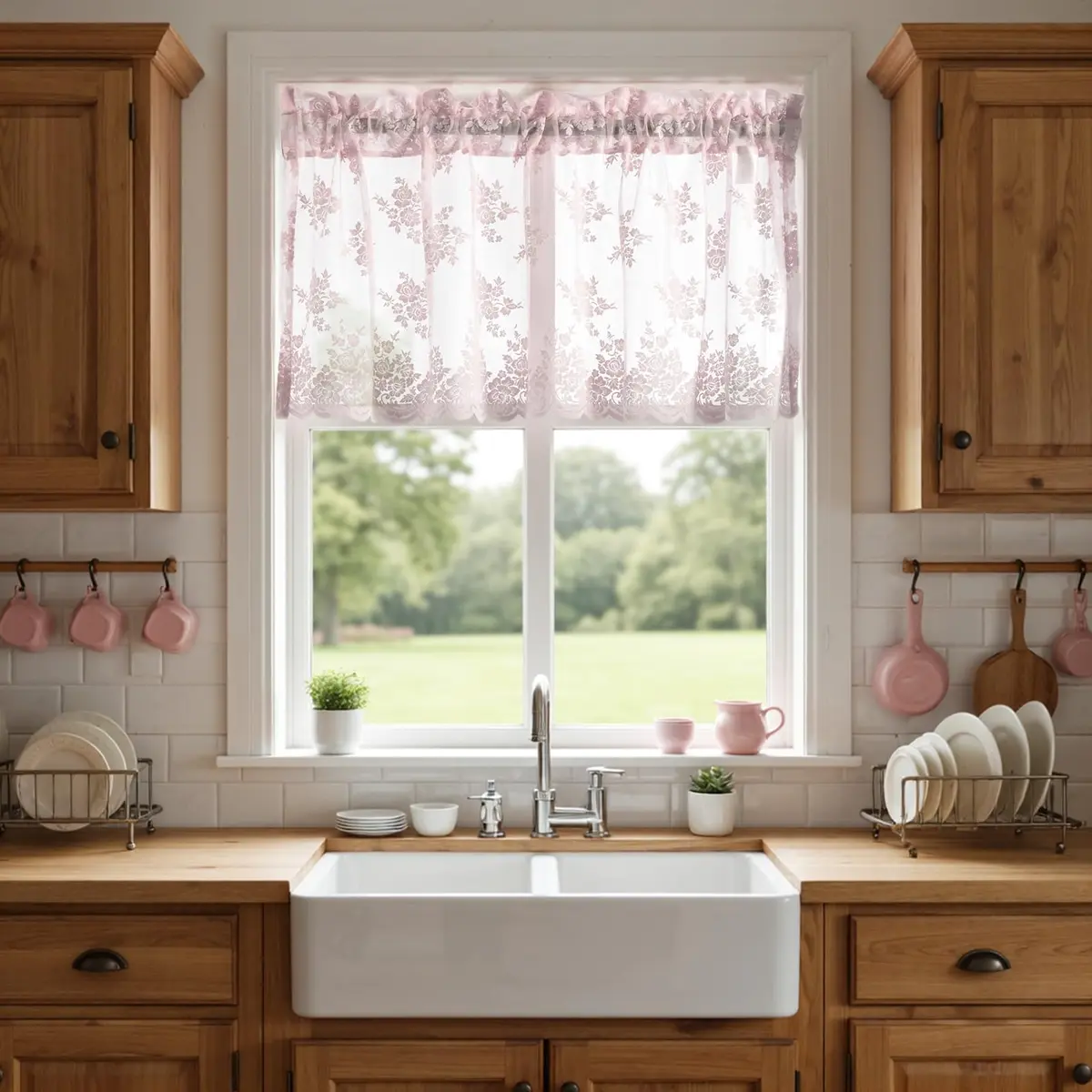 Kotile Pink Lace Valance for Windows Rustic Floral 46cm (18 Inch) Length | Light Filtering Sheer Curtain Panel - view 2