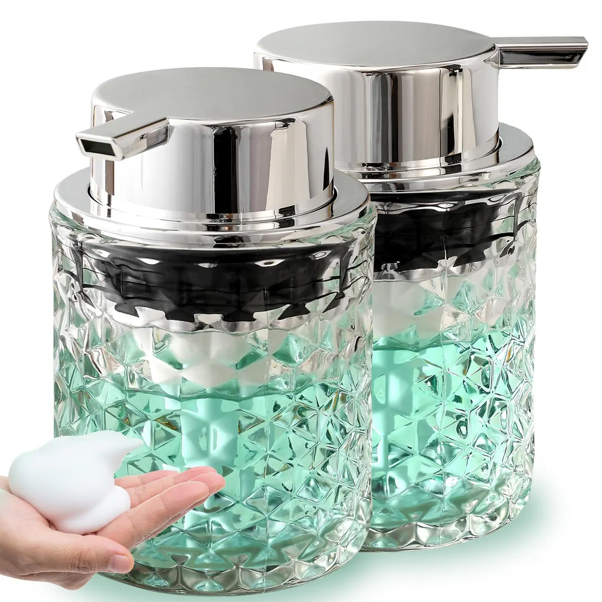 MALACHI Foaming Hand Soap Dispenser 300ml (10 oz) | Elegant Diamond Pattern Glass Bottle - main product image