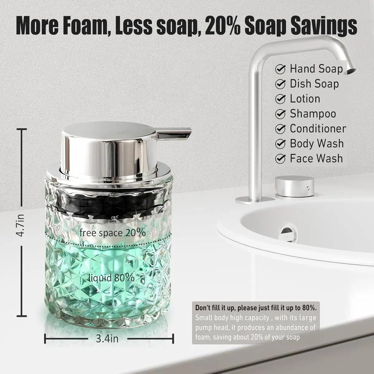 MALACHI Foaming Hand Soap Dispenser 300ml (10 oz) | Elegant Diamond Pattern Glass Bottle - view 2