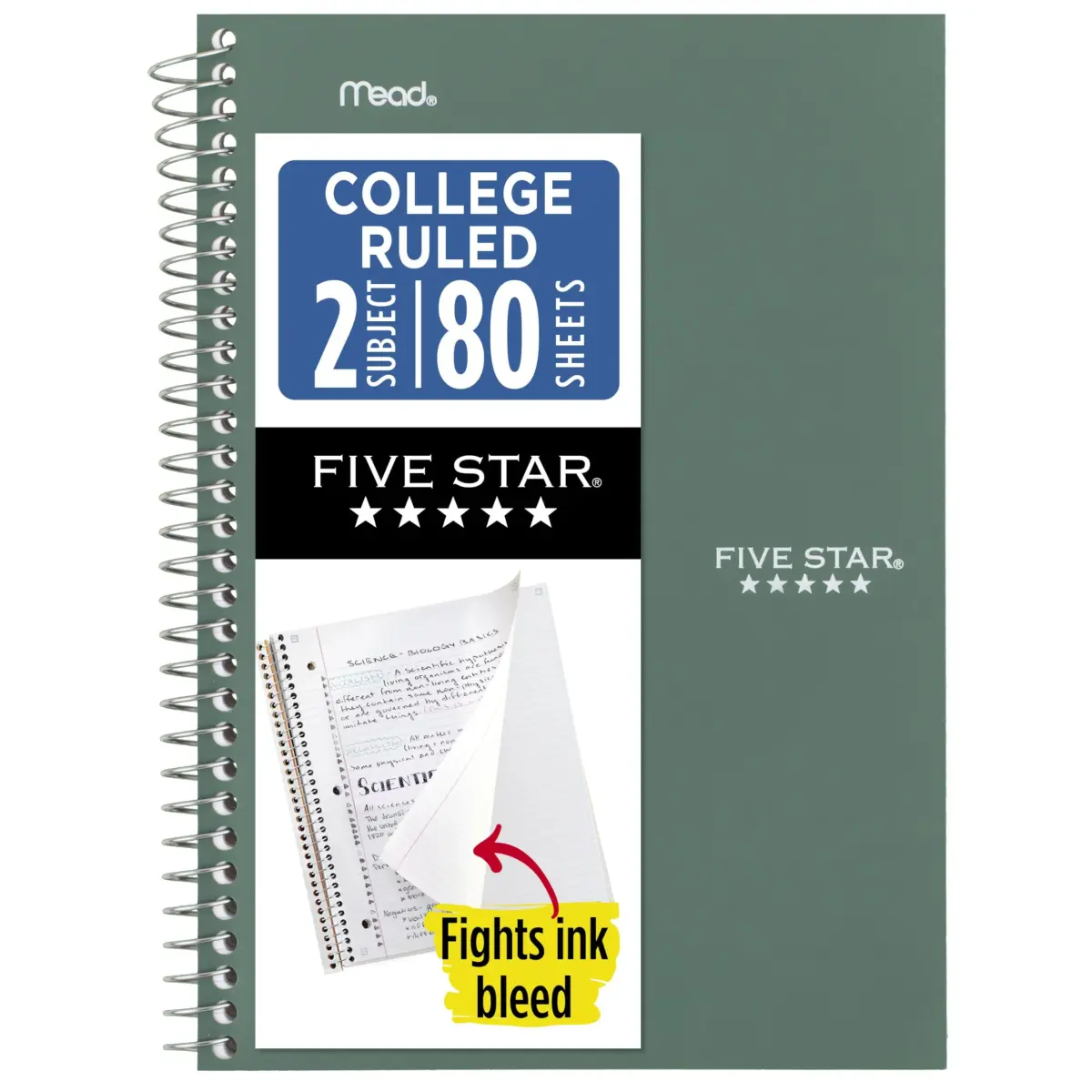 Five Star Spiral Notebook 2 Subject 6" x 9-1/2" 80 Sheets Seaglass Green | College Ruled Paper Fights Ink Bleed - main product image