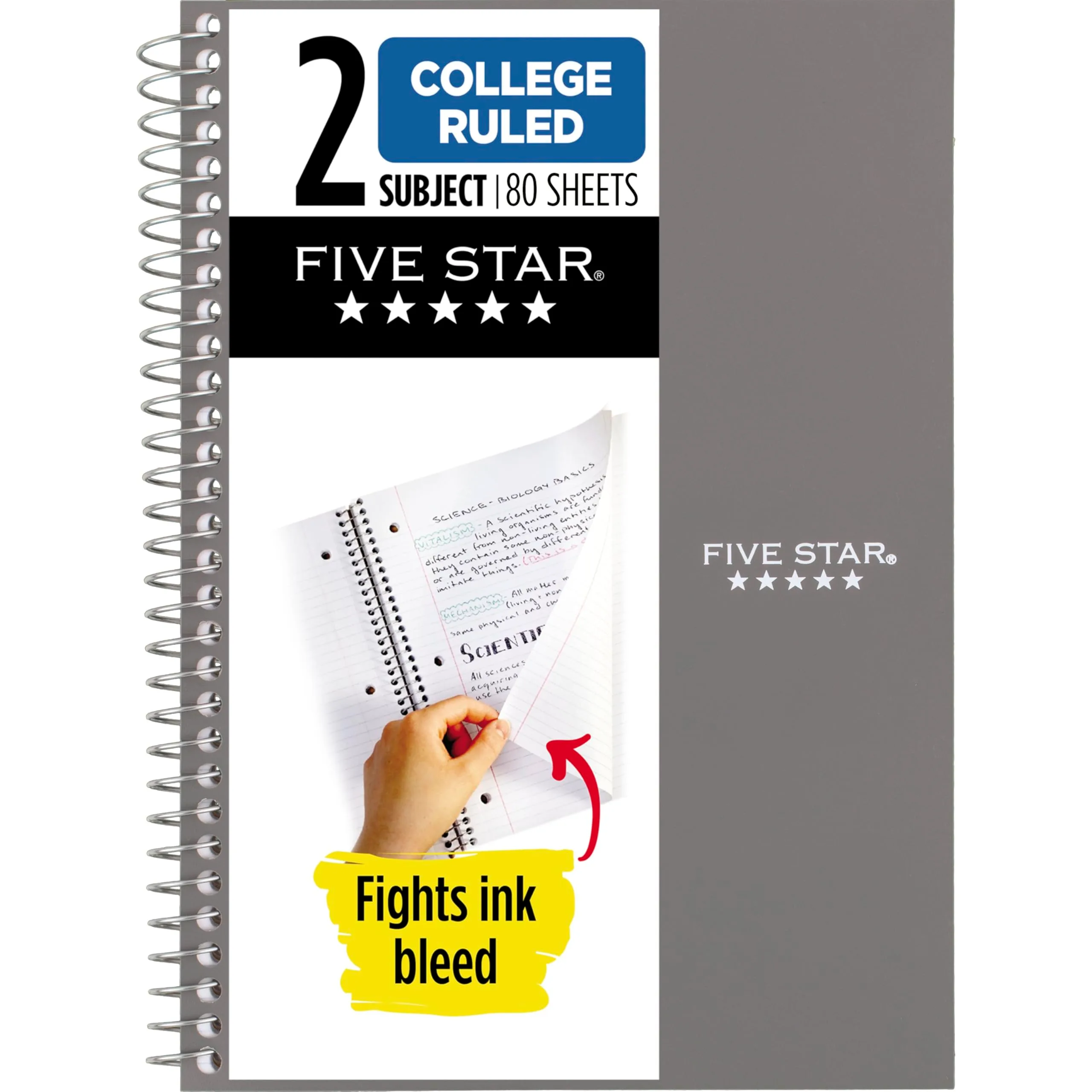 Five Star Spiral Notebook, 2 Subject, College Ruled, 6" x 9-1/2", 80 Sheets, Water Resistant Cover, Gray - main product image