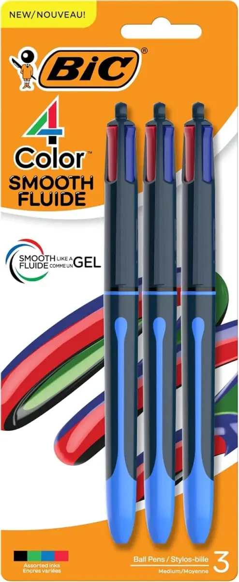 BIC 4-Color Smooth Retractable Ballpoint Pens, 1.0mm Point, 3-Count Pack | Smooth Ink Flow for Students & Office - main product image