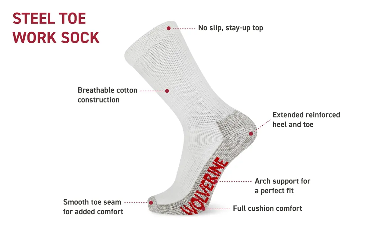 Wolverine Men's Steel Toe Cotton Durable Cushioning Boot Crew Socks, 2 Pair | Full Cushion, Reinforced Toe & Stay-Up Top - view 2