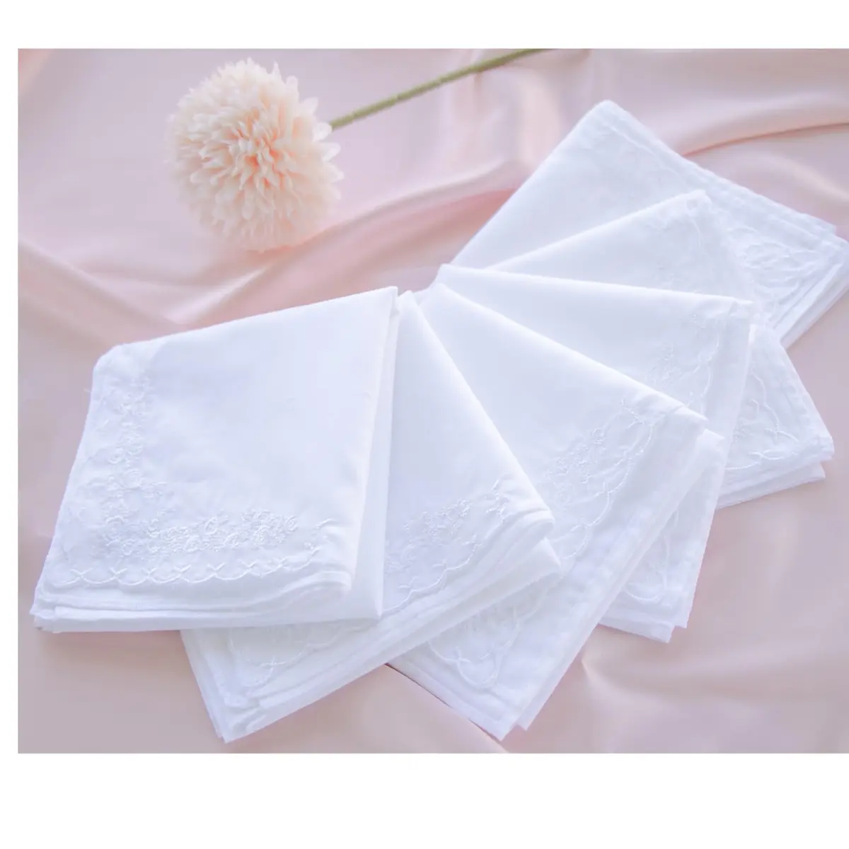 LACS Handkerchiefs Assorted Ladies Embroidered Cotton Handkerchiefs 9PCS | Soft, White Rose, Scalloped Edges - view 5