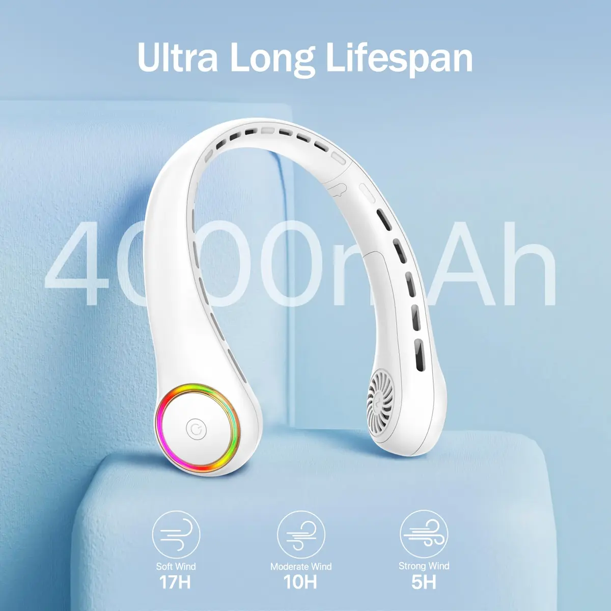 GULAKI Portable Neck Fan White | Hands Free Cooling with 4000mAh Battery (70-120c) - view 3
