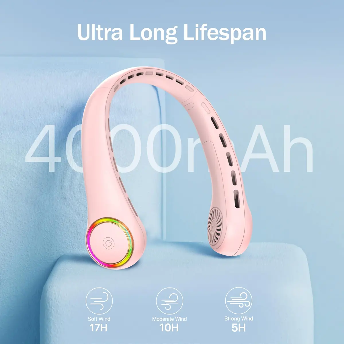 GULAKI Wearable Neck Fan with 4000mAh Battery & 64 Cool Lights | 3-Speed Rechargeable Personal Fan for Summer - view 3