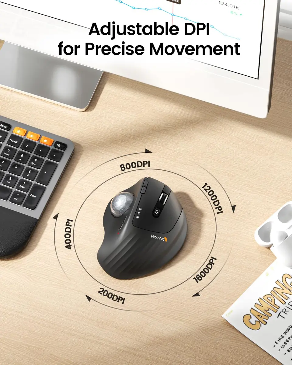 ProtoArc EM01 NL Wireless Trackball Mouse, Thumb Control, Silver | 5-Level DPI Adjustable, 3-Device Bluetooth & 2.4G Wireless - view 5