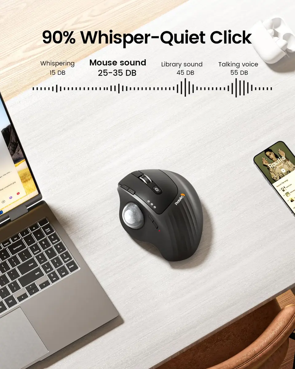 ProtoArc EM01 NL Wireless Trackball Mouse, Thumb Control, Silver | 5-Level DPI Adjustable, 3-Device Bluetooth & 2.4G Wireless - view 6