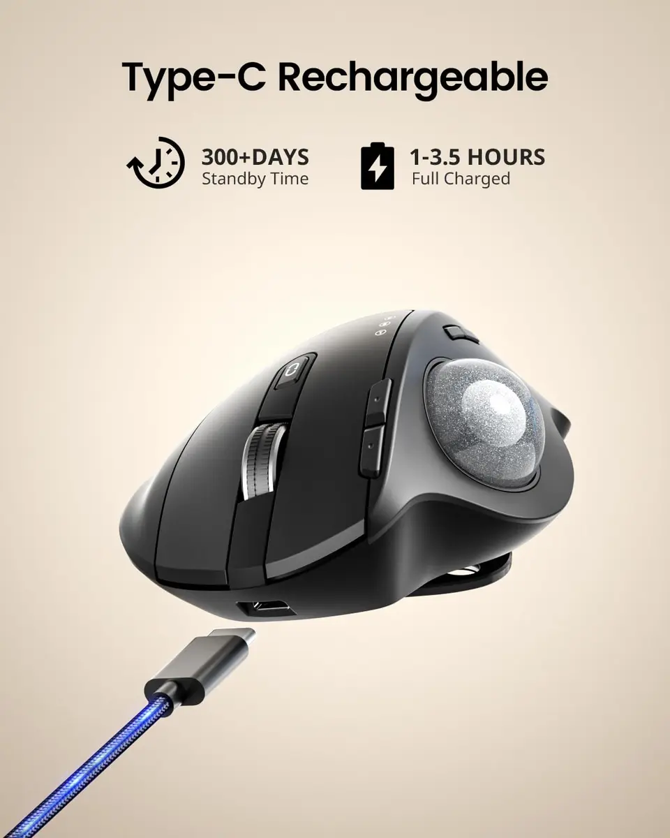 ProtoArc EM01 NL Wireless Trackball Mouse, Thumb Control, Silver | 5-Level DPI Adjustable, 3-Device Bluetooth & 2.4G Wireless - view 7
