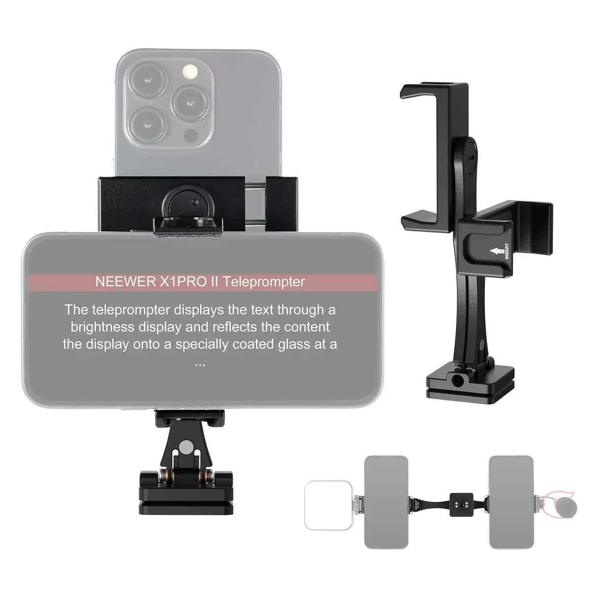 NEEWER Metal Phone Tripod Mount Adapter with Arca QR Base, 360° Rotatable Dual Cell Phone Clip Clamp Holder with 4 Cold Shoes Compatible with iPhone Samsung for Vlog Live Stream Video Recording - main product image